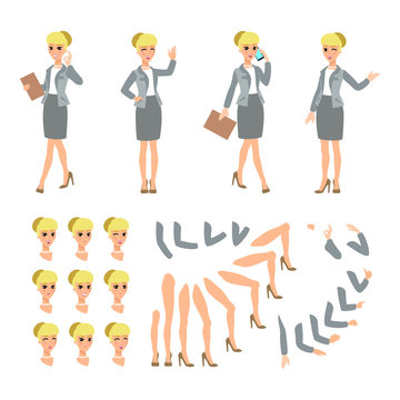 Animate businesswoman character. Young lady personage constructor. Different woman postures, face, legs, hands. Vector cartoon person.