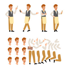 Set of vector flat style character barber guy in different static poses. Isolated on white background.