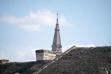 roof tops and church tower in timisoara romania
