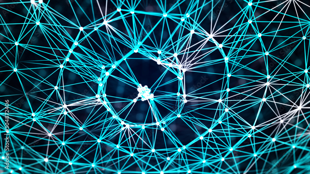 Poster abstract dynamic wave of points and lines. network of bright particles connected by lines. big data.