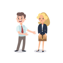 Man and woman present a project. Vector illustration with cartoon characters. Team building. Leadership. Management. Successful team.
