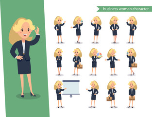 Businesswoman character set. Animate character. Young lady personage constructor. Different woman postures. Vector set personage.usinesswoman working character design set. Vector design.
