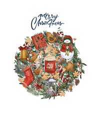 Bright watercolor Merry Christmas card with elements of a Christmas mood and traditional decor. Round handdrawn illustration with lettering.