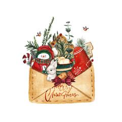 Bright watercolor Merry Christmas card with elements of a Christmas mood and traditional decor. Handdrawn illustration with lettering. Envelope with gifts.
