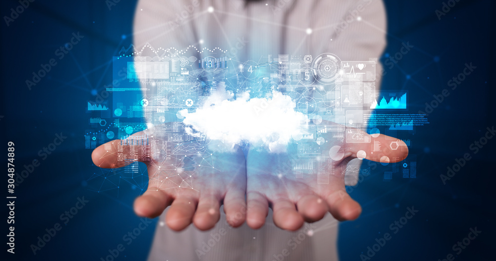 Poster Person holding hologram screen displaying information from cloud based system