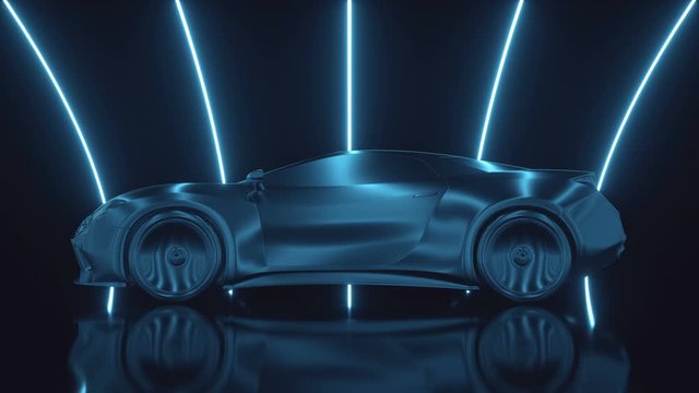 Seamless looping motion graphics. Imaginary sports car, modeled and created using CAD software. Conceptual prototype inside aerodynamic tunnel.
