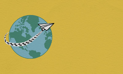 Paper plane flying around the earth leaving black carbon footprints in vapor trail in retro poster style with copy space, reduce carbon emissions concept illustration