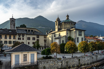 Fototapeta na wymiar View of Cannobio lakefront and the church Santuario dell Pietà, Piedmont, Italy