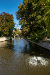 Fototapeta na wymiar Water canal. Street view of beautiful historic city center architecture of Bruges or Brugge, West Flanders province, Belgium. Lovely summer August weather