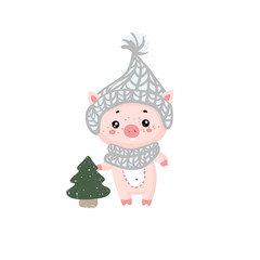 Naklejka premium Christmas pinky piggy with a hat. New Year, symbol of the year, 2019, postcard, invitation . Chinese New Year symbol