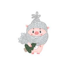 Christmas pinky piggy with a hat. New Year, symbol of the year, 2019, postcard, invitation . Chinese New Year symbol