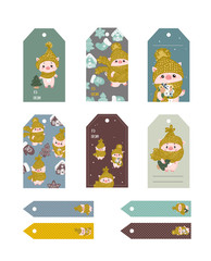 Christmas tags cute collection. Labels with funny pigs with hat and scarf. Vector illustration. Chinese New Year symbol