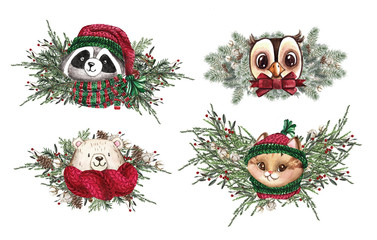 Set of Christmas Woodland Cute forest cartoon bear cute owl, cat and racoon animal character. Winter set of new year floral elements, bouquets, berries, fllowers, snow and snowflakes,