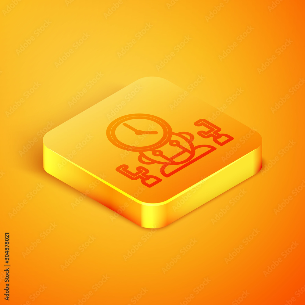 Poster isometric line robot and digital time manager icon isolated on orange background. time management as