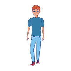 cartoon man standing and wearing jeans and blue tshirt