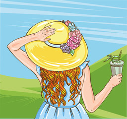 Horse racing competition. Vector illustration. Derby. Woman with cocktail in hat.