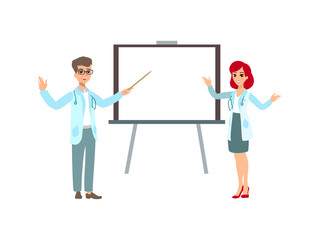 Attractive doctor . Couple of medics. Funny character design. Cartoon illustration. Healthcare concept creator. Pair of medic personage.