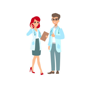 Attractive doctor . Couple of medics. Funny character design. Cartoon illustration. Healthcare concept creator. Pair of medic personage.