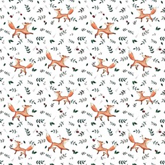 Watercolor cute hand drawn seamless pattern. Wild forest animals. Cheerful fox