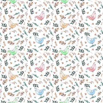 Watercolor cute hand drawn seamless pattern. Wild forest animals. Cheerful dird quail.