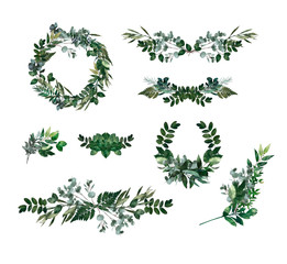 Watercolor modern decorative element.  Eucalyptus round Green leaf Wreath, greenery branches, garland, border, frame, elegant watercolor isolated, good for wedding invitation, card or print