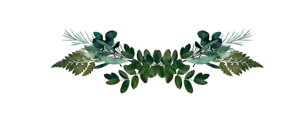 Watercolor modern decorative element.  Eucalyptus round Green leaf Wreath, greenery branches, garland, border, frame, elegant watercolor isolated, good for wedding invitation, card or print