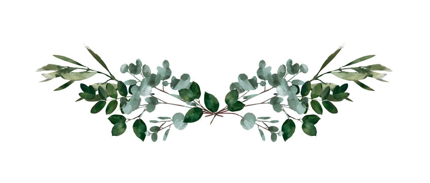 Watercolor modern decorative element.  Eucalyptus round Green leaf Wreath, greenery branches, garland, border, frame, elegant watercolor isolated, good for wedding invitation, card or print
