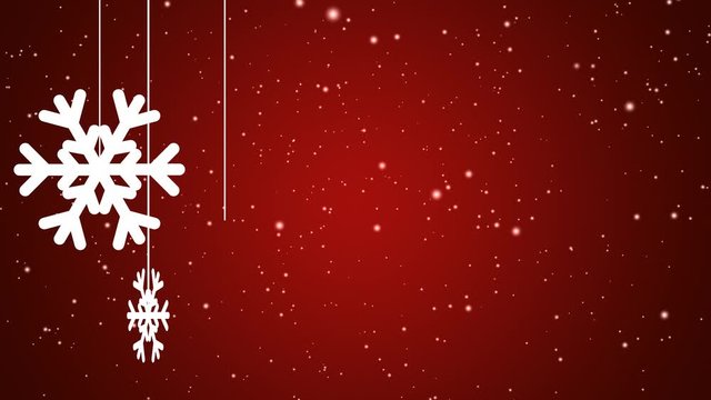 White abstract snowflakes slowly rotating on falling down snow background over red gradient - christmas, winter or new year template, loopable