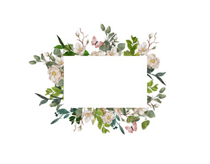 Hand-painted watercolor floral wreath on white background.Wreath, floral frame, watercolor flowers, peonies and roses, Illustration hand painted. Isolated on white background.