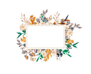 Hand-painted watercolor floral wreath on white background.Wreath, floral frame, watercolor flowers, peonies and roses, Illustration hand painted. Isolated on white background.
