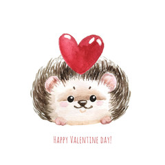 Holiday card with hedgehog, red heart and text I love you for St. Valentine day. White background with cute watercolor cartoon character. - Illustration