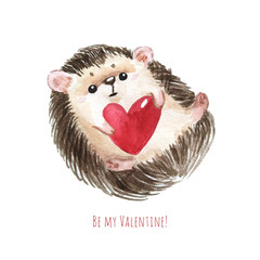 Holiday card with hedgehog, red heart and text I love you for St. Valentine day. White background with cute watercolor cartoon character. - Illustration