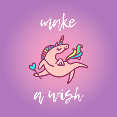 Fototapeta na wymiar Pinky unicorn with heart. Quote make a wish. Cute card background. Vector illustration.