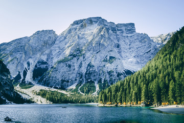 Braies Lake in Dolomites mountains, Sudtirol, Italy. Lake Braies is also known as Lago di Braies