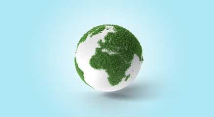 Ecology concept of green Earth globe made of leaves on blue gradient background, 3d render