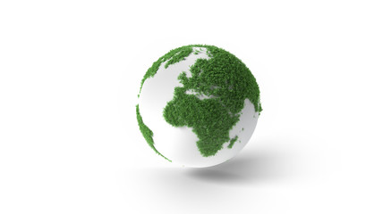 Ecology concept of green Earth globe made of leaves on white background with shadow, 3d render