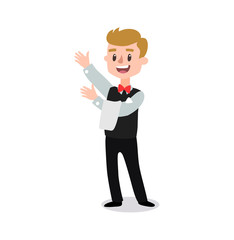 waiter wearing the uniform holding a dish of chicken cartoon character. Set of fun flat cartoon person. Isolated on white background.