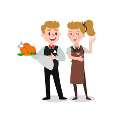 Couple of waiters wearing the uniform holding a dish of chicken cartoon character. Set of fun flat cartoon person. Isolated on white background.