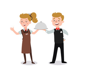 Obraz premium Couple of waiters wearing the uniform holding a dish of chicken cartoon character. Set of fun flat cartoon person. Isolated on white background.