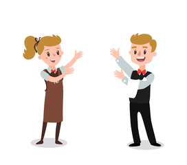 Couple of waiters wearing the uniform holding a dish of chicken cartoon character. Set of fun flat cartoon person. Isolated on white background.