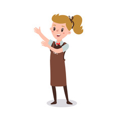 waiter woman wearing the uniform holding a dish of chicken cartoon character. Set of fun flat cartoon person. Isolated on white background.