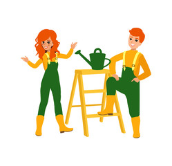 Attractive gardener. Funny character design. Cartoon illustration. Garden care concept creator. Female groundskeeper personage.