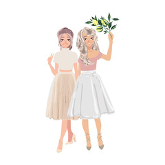 Beautiful woman, girls, friends standing, holding bunches of flowers, cartoon vector illustration isolated on white background. Happy smiling girls, women, friends holding bunches of flowers.