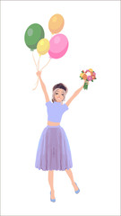 Beautiful woman go shopping with bags and feeling happiness on white background. Cute vector cartoon female character. Soft colors illustration.