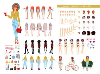 Animate character. Young lady character constructor. Different woman postures, hairstyle, face, legs, hands, clothes, accessories collection. Vector cartoon illustration.