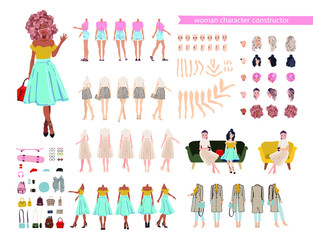  Animate woman character. Young lady personage constructor. Different postures, hairstyle, face, legs, hands, clothes, accessories collection. Set vector person. Girlfriends.Cartoon animated personas