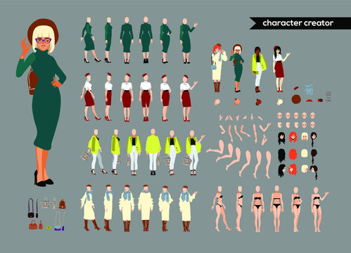  Animate Woman Character. Young Lady Personage Constructor. Different Postures, Hairstyle, Face, Legs, Hands, Clothes, Accessories Collection. Set Vector Person. Girlfriends.Cartoon Animated Personas