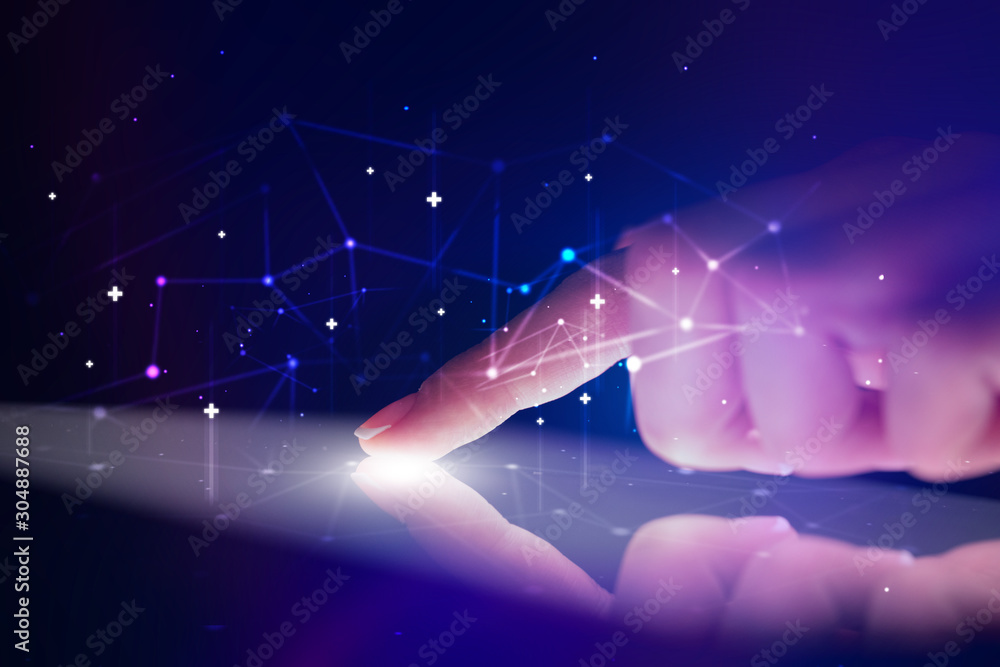 Poster finger touching tablet with global network concept and dark background