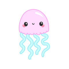 Kawaii vector rose pink jellyfish, japanese and korean cute style animal emoji, tiny small medusae with big eyes and curled tentacles, isolated on white