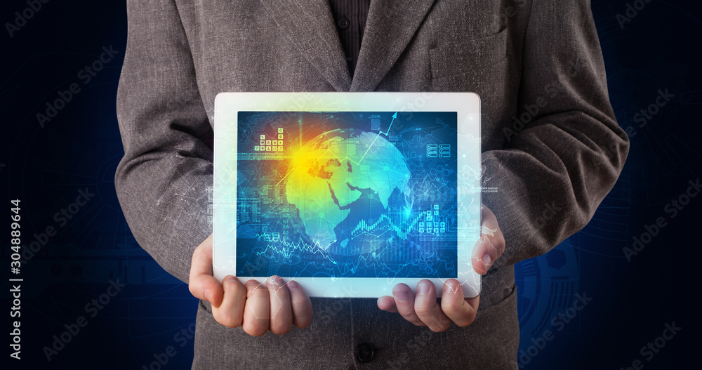 Poster hand holding tablet with global database concept